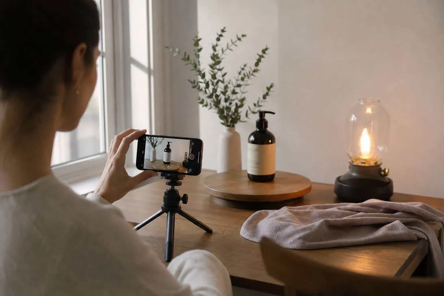 Como gravar vídeo de produto com luz de janela e giro